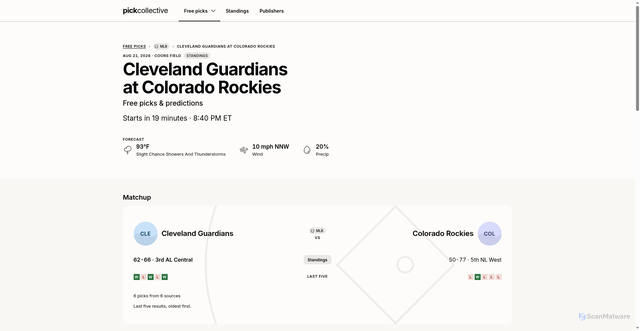 Security scan screenshot of https://pickcollective.com/mlb/cleveland-guardians-vs-colorado-rockies-8-21-26