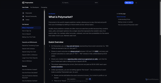 Security scan screenshot of https://polymarket-292d1b1b.mintlify.app/polymarket-learn/get-started/what-is-polymarket