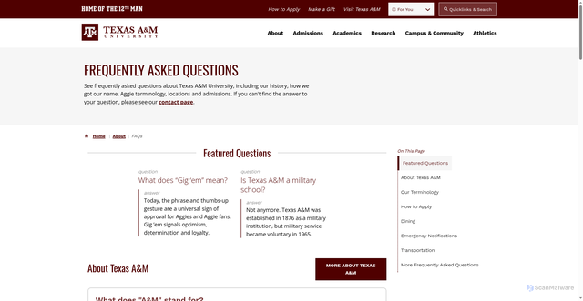 Security scan screenshot of https://www.tamu.edu/about/faq.html