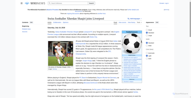 Security scan screenshot of https://en.wikinews.org/wiki/Swiss_footballer_Xherdan_Shaqiri_joins_Liverpool