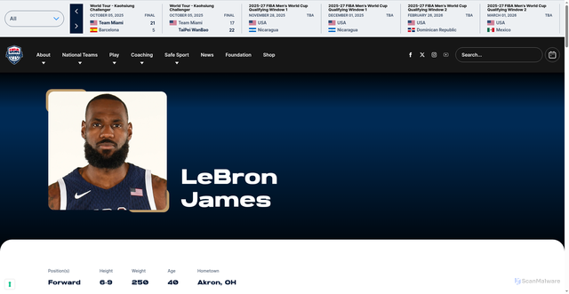 Security scan screenshot of https://www.usab.com/players/lebron-james