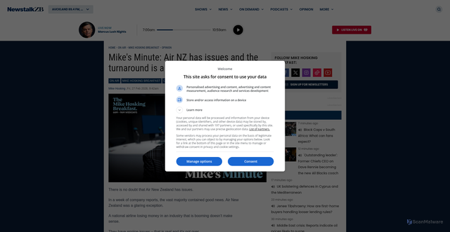 Security scan screenshot of https://www.newstalkzb.co.nz/on-air/mike-hosking-breakfast/opinion/mikes-minute-air-nz-has-issues-and-the-turnaround-is-a-way-off/