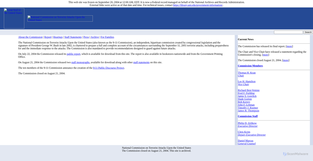 Security scan screenshot of https://9-11commission.gov/