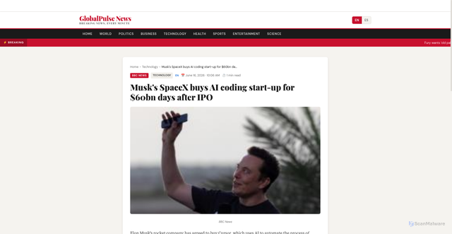 Security scan screenshot of https://usa.kesug.com/post.php?slug=musks-spacex-buys-ai-coding-start-up-for-60bn-days-after-i-0027d3f2