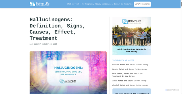 Security scan screenshot of https://www.betterliferecovery.com/addiction/physical/hallucinogens/