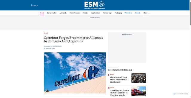Security scan screenshot of https://www.esmmagazine.com/retail/carrefour-forges-e-commerce-alliances-in-romania-and-argentina-302379