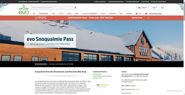 Security scan screenshot of https://www.evo.com/locations/snoqualmie-pass