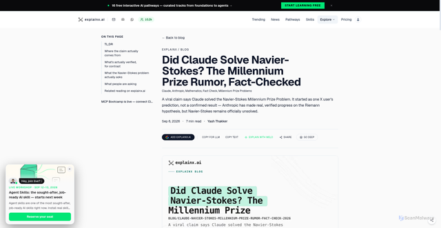 Security scan screenshot of https://www.explainx.ai/blog/claude-navier-stokes-millennium-prize-rumor-fact-check-2026