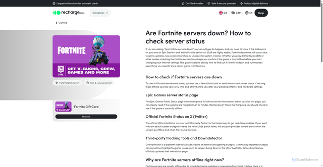 Security scan screenshot of https://www.recharge.com/en/gb/fortnite/infos/fortnite-servers-down