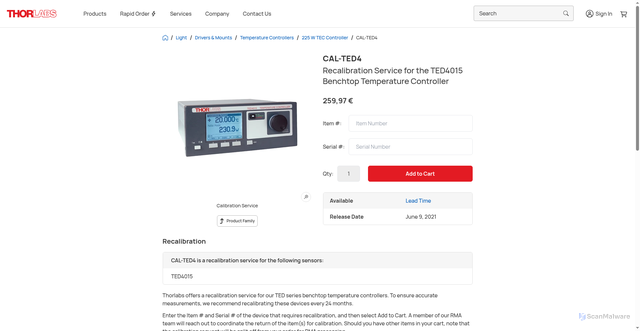 Security scan screenshot of https://www.thorlabs.com/item/CAL-TED4