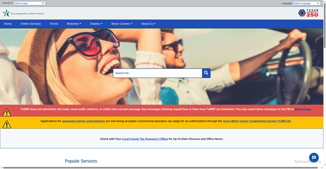 Security scan screenshot of http://www.txdmv.gov/