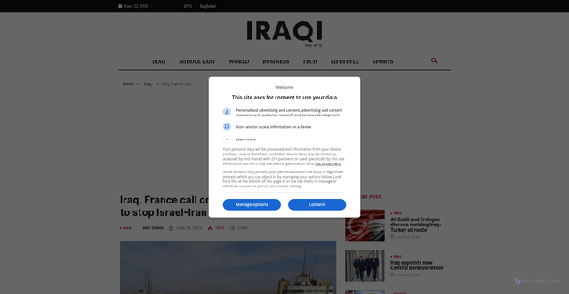 Security scan screenshot of https://www.iraqinews.com/iraq/iraq-france-call-on-international-community-to-stop-israel-iran-war/