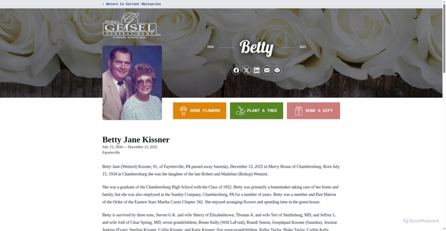Security scan screenshot of https://www.geiselfuneralhome.com/obituaries/betty-kissner