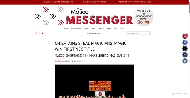 Security scan screenshot of https://mascomedia.org/3804/sports/chieftains-steal-magicians-magic-win-first-nec-title/
