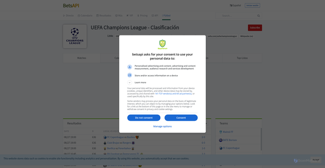 Security scan screenshot of https://es.betsapi.com/l/5708/UEFA-Champions-League-Qualifying