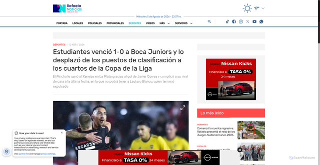 Security scan screenshot of https://www.rafaelanoticias.com/deportes/estudiantes-vencio-1-0-a-boca-juniors-y-lo-desplazo-de-los-puestos-de-clasificacion-a-los-cuartos-de-la-copa-de-la-liga.htm