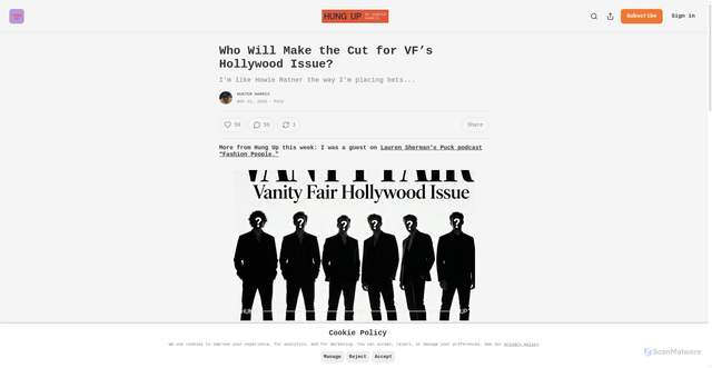 Security scan screenshot of https://hunterharris.substack.com/p/vanity-fair-hollywood-issue-men-predictions