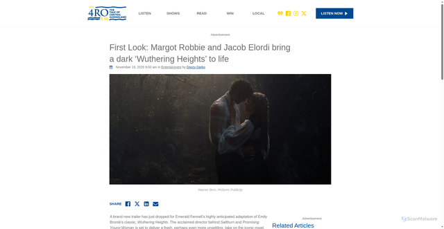 Security scan screenshot of https://www.4ro.com.au/trending/entertainment/first-look-margot-robbie-and-jacob-elordi-bring-a-dark-wuthering-heights-to-life/