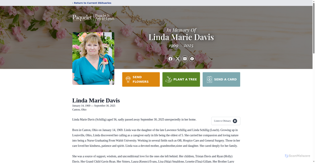 Security scan screenshot of https://www.paquelet.com/obituaries/linda-davis