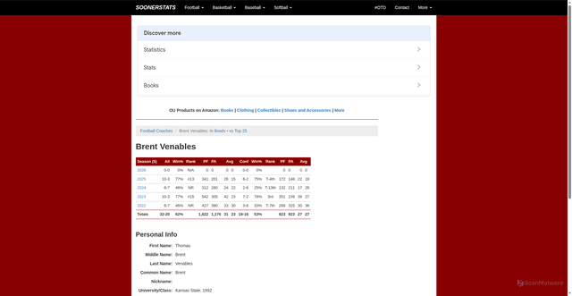 Security scan screenshot of https://www.soonerstats.com/football/coaches/ou/details.cfm?oucoachid=24