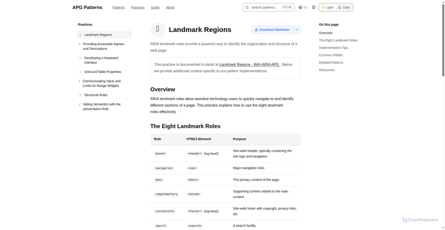 Security scan screenshot of https://apg-patterns-examples.pages.dev/practices/landmark-regions/