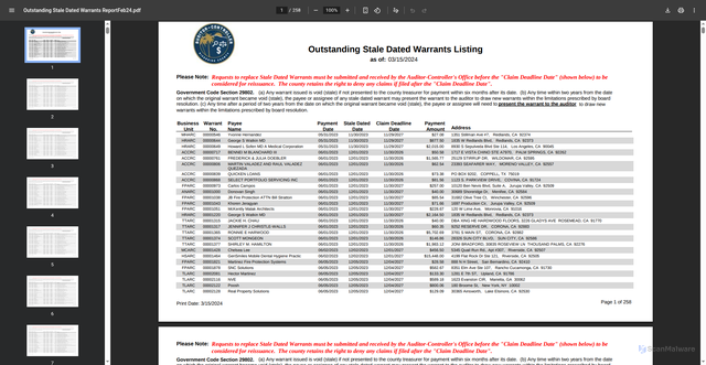 Security scan screenshot of https://auditorcontroller.org/sites/g/files/aldnop171/files/2024-03/Outstanding%20Stale%20Dated%20Warrants%20ReportFeb24.pdf