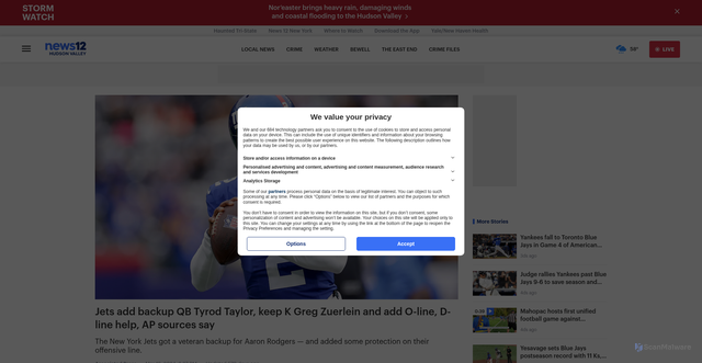 Security scan screenshot of https://hudsonvalley.news12.com/jets-add-backup-qb-tyrod-taylor-keep-k-greg-zuerlein-and-add-o-line-d-line-help-ap-sources-say