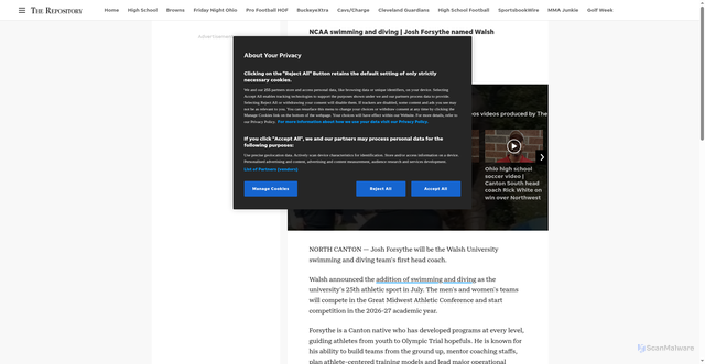 Security scan screenshot of https://www.cantonrep.com/story/sports/college/2025/10/08/john-forsythe-walsh-university-swimming-and-diving-ncaa-first-mens-and-womens-head-coach/86586922007/
