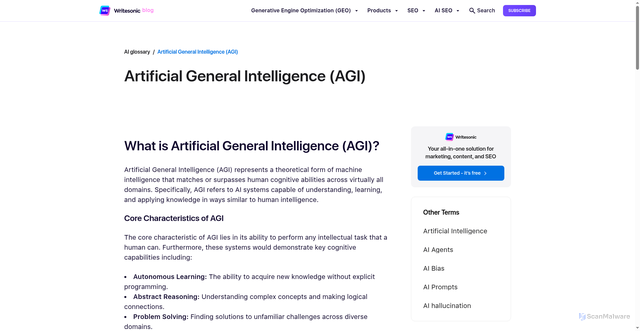 Security scan screenshot of https://writesonic.com/blog/ai-glossary/agi