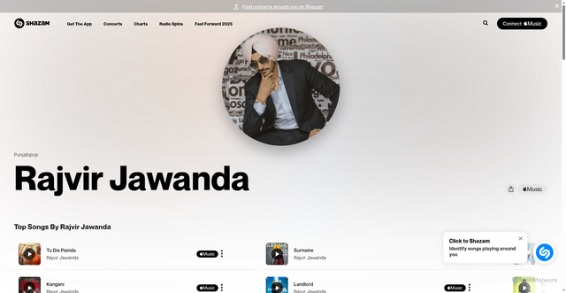 Security scan screenshot of https://www.shazam.com/en-us/artist/rajvir-jawanda/1045479750