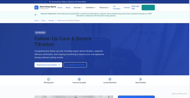 Security scan screenshot of https://aloha-sleep-apnea.pages.dev/services/compliance-follow-ups-titration/