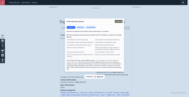 Security scan screenshot of https://www.thelayoff.com/amazon-com