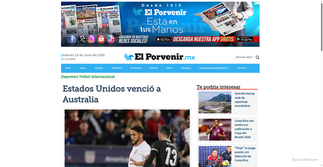 Security scan screenshot of https://elporvenir.mx/deportes/estados-unidos-vencio-a-australia/913201