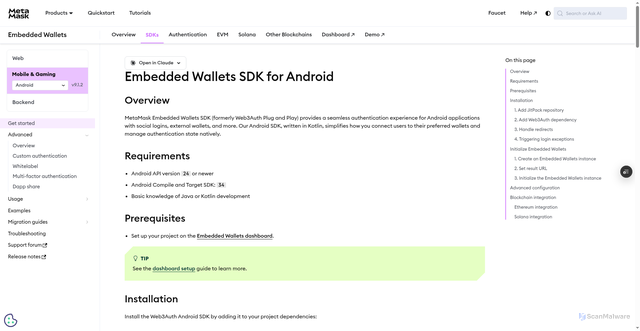 Security scan screenshot of https://metamask-docs-l8lvh00ol-consensys-ddffed67.vercel.app/embedded-wallets/sdk/android