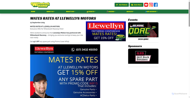 Security scan screenshot of https://willowbankraceway.com.au/news/mates-rates-at-llewellyn-motors/