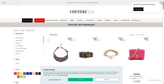 Security scan screenshot of https://coutureusa.com/collections/chanel?srsltid=AfmBOoocSOGN7gaTngllhJfuYJvCdPrWVpuEVu-NrCORKCLqW_aThC5j