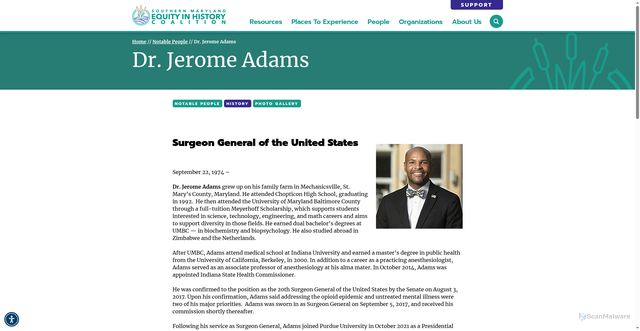 Security scan screenshot of https://www.equityinhistory.org/notable-people/dr-jerome-adams/