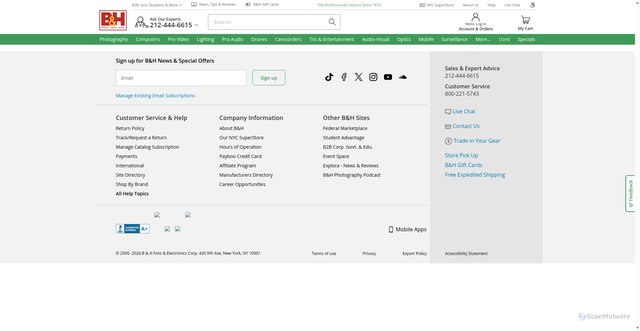 Security scan screenshot of https://www.bhphotovideo.com