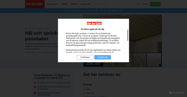 Security scan screenshot of https://gds.se/hus/innertak/paneltak/hal-och-sprickor-och-maala-paneltak?utm_source=crm&utm_medium=email&utm_content=1079146_2009