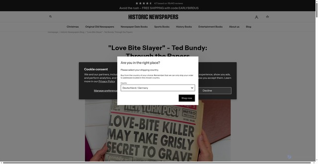 Security scan screenshot of https://www.historic-newspapers.com/blogs/article/ted-bundy-newspapers?srsltid=AfmBOorP5JBMxKkPv14SW5bFBFY3EgCWGQRY0-qqwDHfLoEW-iwpsS4q