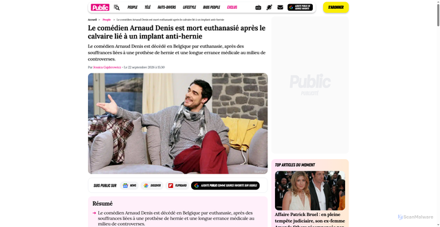 Security scan screenshot of https://www.public.fr/le-comedien-arnaud-denis-est-mort-euthanasie-apres-le-calvaire-lie-a-un-implant-anti-hernie