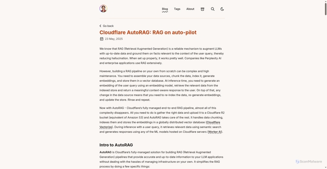 Security scan screenshot of https://annjose.pages.dev/blog/cloudflare-autorag-step-by-step