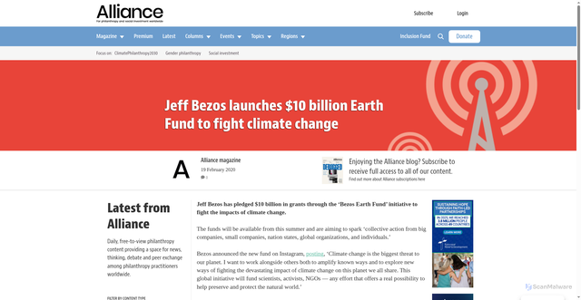 Security scan screenshot of https://www.alliancemagazine.org/blog/jeff-bezos-launches-10-billion-earth-fund-to-fight-climate-change/