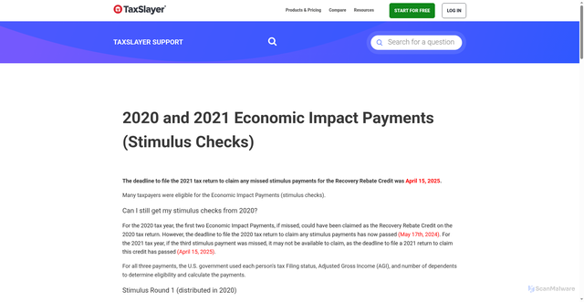 Security scan screenshot of https://support.taxslayer.com/hc/en-us/articles/360054679452-2020-and-2021-Economic-Impact-Payments-Stimulus-Checks