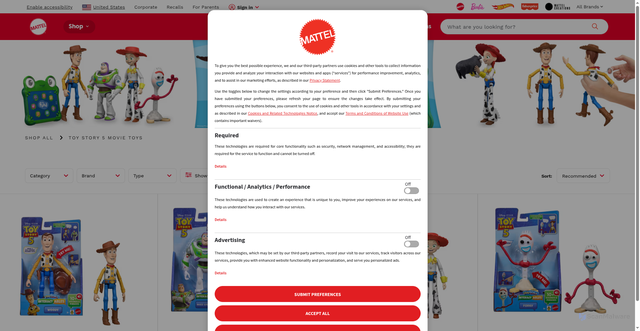 Security scan screenshot of https://shop.mattel.com/collections/toy-story-5-movie-toys?srsltid=AfmBOorVapO5Ufp0pPCW6blJKZG1GTrtVL1oCYHMc7eWtlFoYNTlHUFW