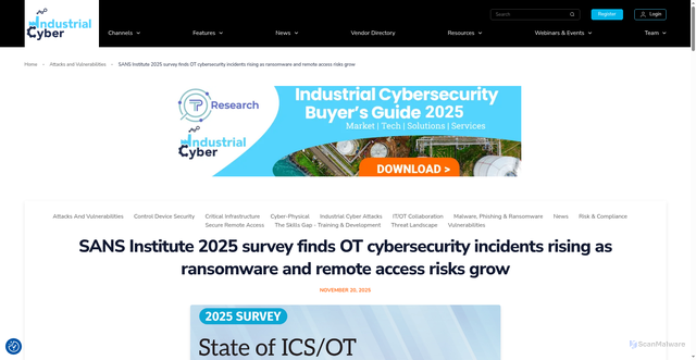 Security scan screenshot of https://industrialcyber.co/news/sans-institute-2025-survey-finds-ot-cybersecurity-incidents-rising-as-ransomware-and-remote-access-risks-grow/