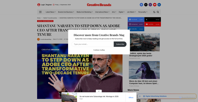 Security scan screenshot of https://creativebrandsmag.com/shantanu-narayen-to-step-down-as-adobe-ceo-after-transformative-two-decade-tenure/