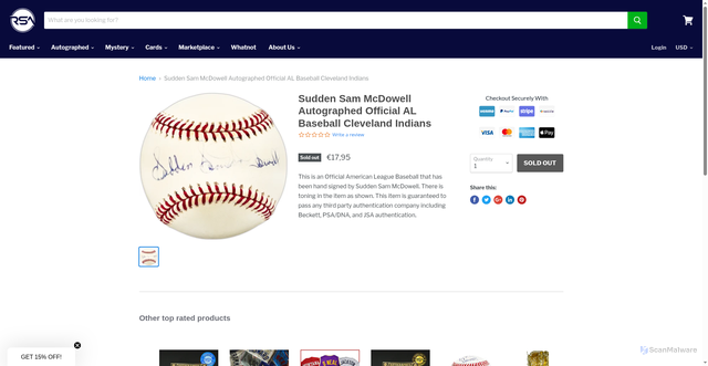 Security scan screenshot of https://www.shoprsa.com/products/sudden-sam-mcdowell-autographed-official-al-baseball-cleveland-indians-225559