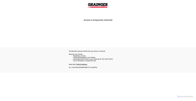 Security scan screenshot of https://www.grainger.com/content/mc/product-collections?mi_cid=66f64af0b05b73d2&cp_cid=a4edfcd5ceec070a&gucid=EMP:11351911:NavBar:EM-1123&GID=0713457738&mid=20261019_Monday_B02_davinci_NoFrequency&RIID=20654745&emcid=TopNavProductCollections:Header&mi_clid=7dc42938-568d-44eb-9633-2c8325e3c472