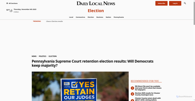 Security scan screenshot of https://www.dailylocal.com/2025/11/04/pennsylvania-supreme-court-retention-election-results-2025/